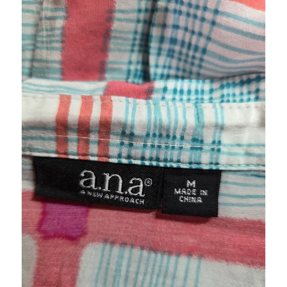 ana A New Approach Plaid Button Down Blouse Pink Blue 3/4 Roll Tab Sleeve Medium